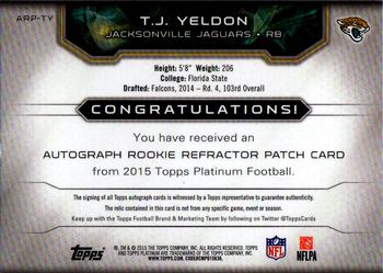 2015 Topps Platinum - Autographed Rookie Refractor Patches Green Refractor #ARP-TY T.J. Yeldon Back