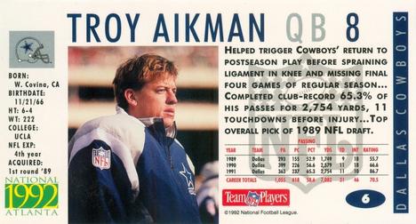 1992 GameDay Atlanta National Convention #6 Troy Aikman Back