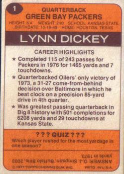 1977 Topps Holsum Green Bay Packers & Minnesota Vikings #1 Lynn Dickey Back
