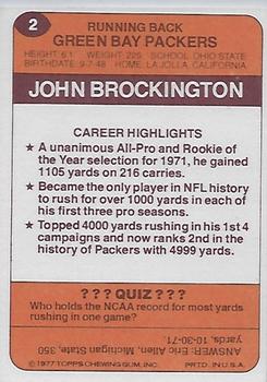 1977 Topps Holsum Green Bay Packers & Minnesota Vikings #2 John Brockington Back
