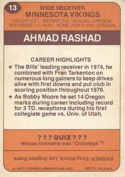 1977 Topps Holsum Green Bay Packers & Minnesota Vikings #13 Ahmad Rashad Back
