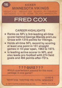 1977 Topps Holsum Green Bay Packers & Minnesota Vikings #16 Fred Cox Back