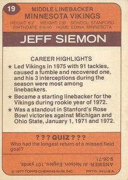 1977 Topps Holsum Green Bay Packers & Minnesota Vikings #19 Jeff Siemon Back