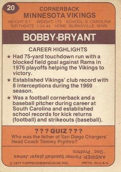 1977 Topps Holsum Green Bay Packers & Minnesota Vikings #20 Bobby Bryant Back