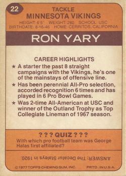 1977 Topps Holsum Green Bay Packers & Minnesota Vikings #22 Ron Yary Back