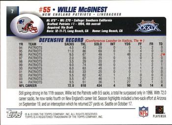 2005 Topps New England Patriots Super Bowl XXXIX Champions #7 Willie McGinest Back