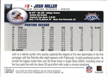 2005 Topps New England Patriots Super Bowl XXXIX Champions #14 Josh Miller Back