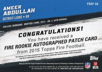 2015 Topps Fire - Fire Rookie Autograph Patches Blue #FRAP-AA Ameer Abdullah Back