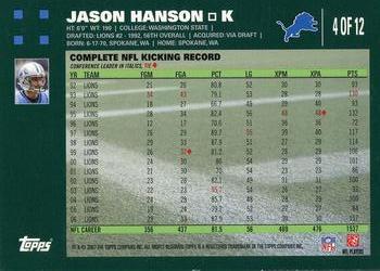2007 Topps Detroit Lions #4 Jason Hanson Back