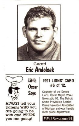 1991 Detroit Lions Police #6 Eric Andolsek Back