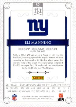 2015 Panini National Treasures - Jersey Number Red #52 Eli Manning Back