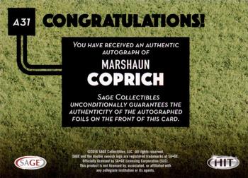 2016 SAGE HIT - Autographs Red #A31 Marshaun Coprich Back