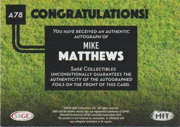 2016 SAGE HIT - Autographs Red #A78 Mike Matthews Back