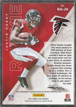 2015 Panini Luxe - Framed Rookie Autographs Silver #RA-JH Justin Hardy Back