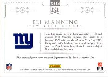 2015 Panini National Treasures - Treasured Quarterbacks Prime #TQB-EM Eli Manning Back
