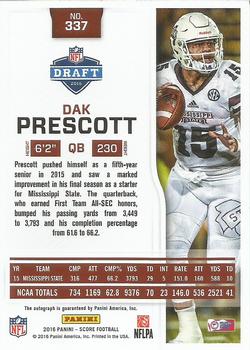 2016 Score - Rookie Signatures #337 Dak Prescott Back