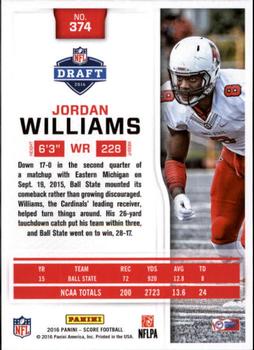 2016 Score - Scorecard #374 Jordan Williams Back
