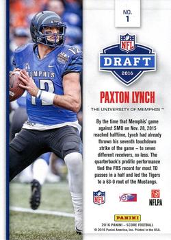 2016 Score - NFL Draft Gold #1 Paxton Lynch Back