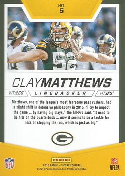 2016 Score - Stoppers #5 Clay Matthews Back