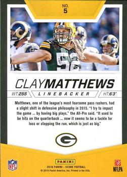 2016 Score - Stoppers Red #5 Clay Matthews Back