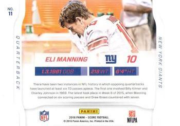 2016 Score - Sidelines Black #11 Eli Manning Back
