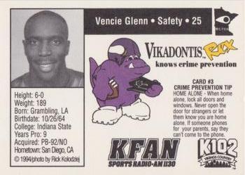 1994 Minnesota Vikings Police #3 Vencie Glenn Back