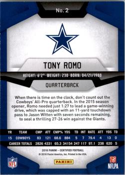 2016 Panini Certified #2 Tony Romo Back