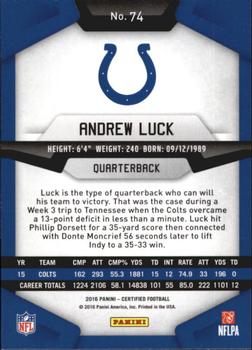 2016 Panini Certified #74 Andrew Luck Back