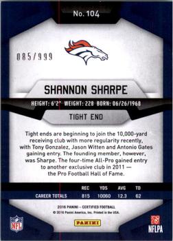 2016 Panini Certified #104 Shannon Sharpe Back