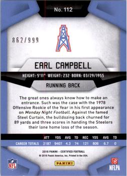 2016 Panini Certified #112 Earl Campbell Back
