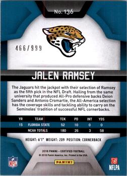 2016 Panini Certified #136 Jalen Ramsey Back