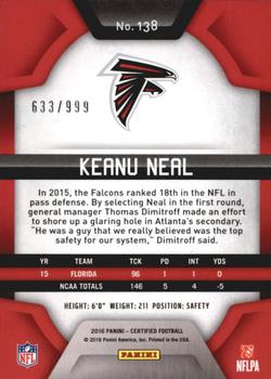 2016 Panini Certified #138 Keanu Neal Back