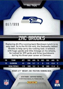 2016 Panini Certified #144 Zac Brooks Back