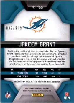 2016 Panini Certified #155 Jakeem Grant Back