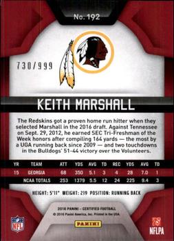 2016 Panini Certified #192 Keith Marshall Back