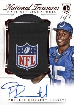 2015 Panini National Treasures - Rookie Hats Off Signatures NFL Shield Laundry Tag #RHO-PD Phillip Dorsett Front