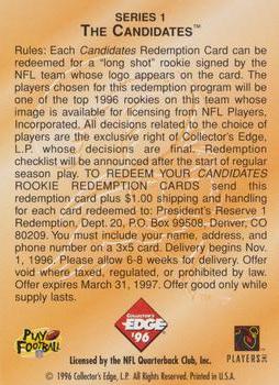 1996 Collector's Edge President's Reserve - The Candidates: Rookie Redemptions #NNO Tampa Bay Buccaneers Back
