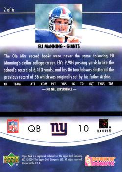 2004 Upper Deck Dunkin' Donuts New York Giants #2 Eli Manning Back
