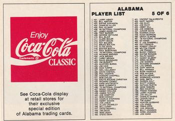 1989 Collegiate Collection Coke Alabama Crimson Tide (580) - Checklists #5 Player List 401-500 Front
