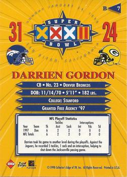 1998 Collector's Edge Super Bowl XXXII - Denver Broncos B Prefix Silver #B7 Darrien Gordon Back
