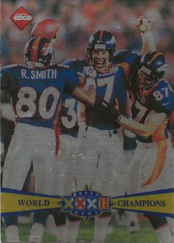 1998 Collector's Edge Super Bowl XXXII - Denver Broncos B Prefix Silver #B18 Rod Smith / John Elway / Ed McCaffrey Front