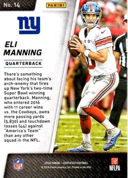 2016 Panini Certified - Sunday Certified #14 Eli Manning Back