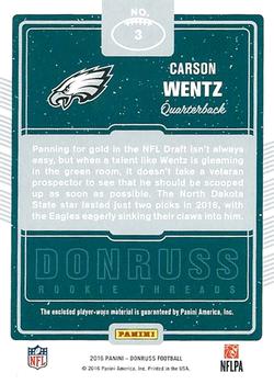 2016 Donruss - Rookie Threads #3 Carson Wentz Back