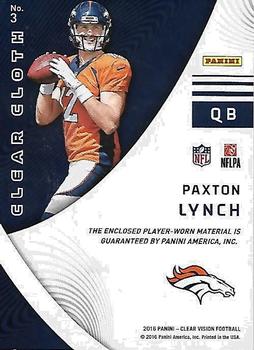 2016 Panini Clear Vision - Rookie Clear Cloth Jersey Prime #3 Paxton Lynch Back