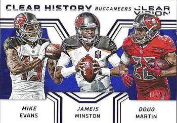 2016 Panini Clear Vision - Clear History Trios Blue #16 Mike Evans / Doug Martin / Jameis Winston Front
