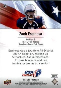 2012 Upper Deck USA Football #49 Zach Espinosa Back