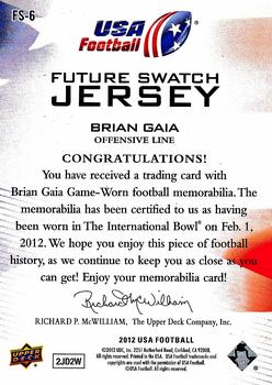 2012 Upper Deck USA Football - Future Swatch Jersey #FS-6 Brian Gaia Back
