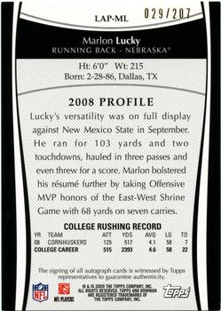 2009 Bowman Draft Picks - College Letter Patch Autographs #LAP-ML Marlon Lucky Back