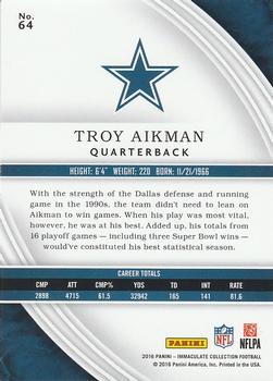 2016 Panini Immaculate Collection #64 Troy Aikman Back