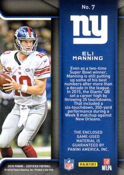 2016 Panini Certified - EPIX Play Relics Moment #7 Eli Manning Back